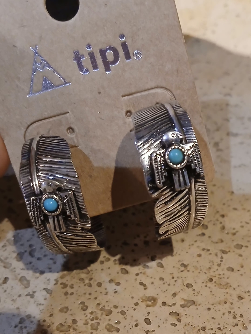 Tipi Silver Feather Hoop Earrings with Turquoise Accent
